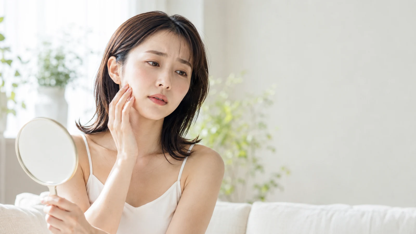 鏡を見ながら頬に触れる女性